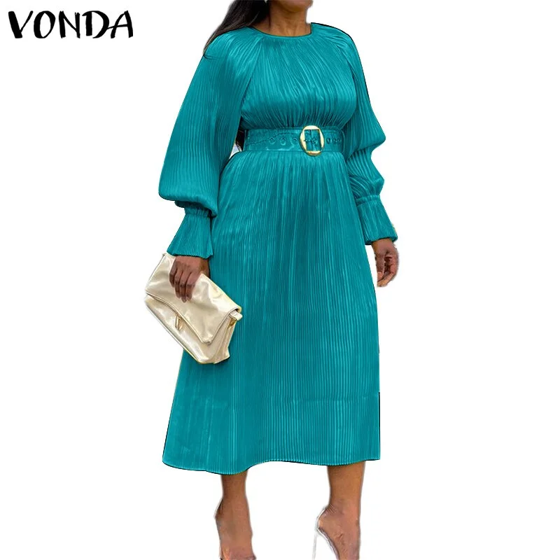 Women Solid Dress VONDA Women Long Sleeve O Neck Party Dresses High Waist Pleated Robes Loose Office Formal A-Lined Vestidos