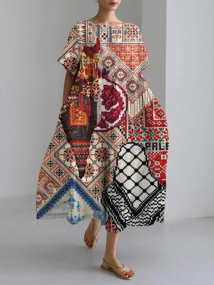 Free Palestinian Cross-Stitch Art Print Linen Women's Long Dress wearshes