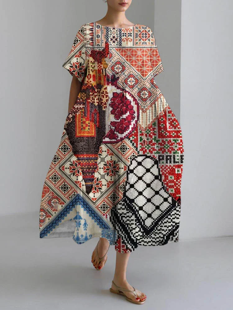 Free Palestinian Cross-Stitch Art Print Linen Women's Long Dress