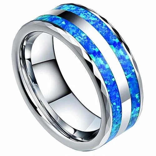 Women's Or Men's Double Blue Opal Inlay Mens Tungsten Carbide Wedding Band Matching Rings,Silver Tone Faceted Edge Wedding ring band Comfort Fit Tungsten Carbide Ring With Mens And Womens For Width 4MM 6MM 8MM 10MM