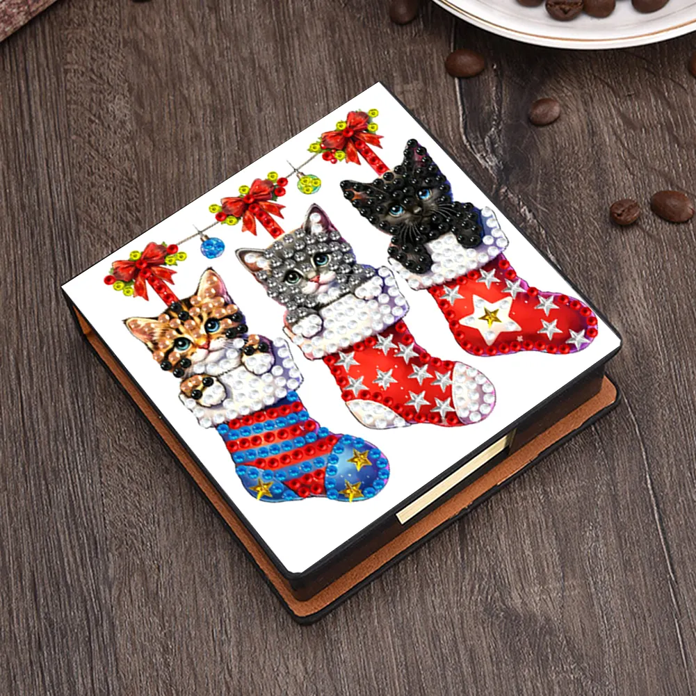5D DIY PU Diamond Art Note Box with 160 Sheets Paper Mosaic Kit (Kitty Socks)