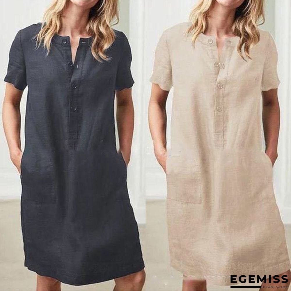 Cotton and Linen Loose Short Sleeve Midlength Dress | EGEMISS