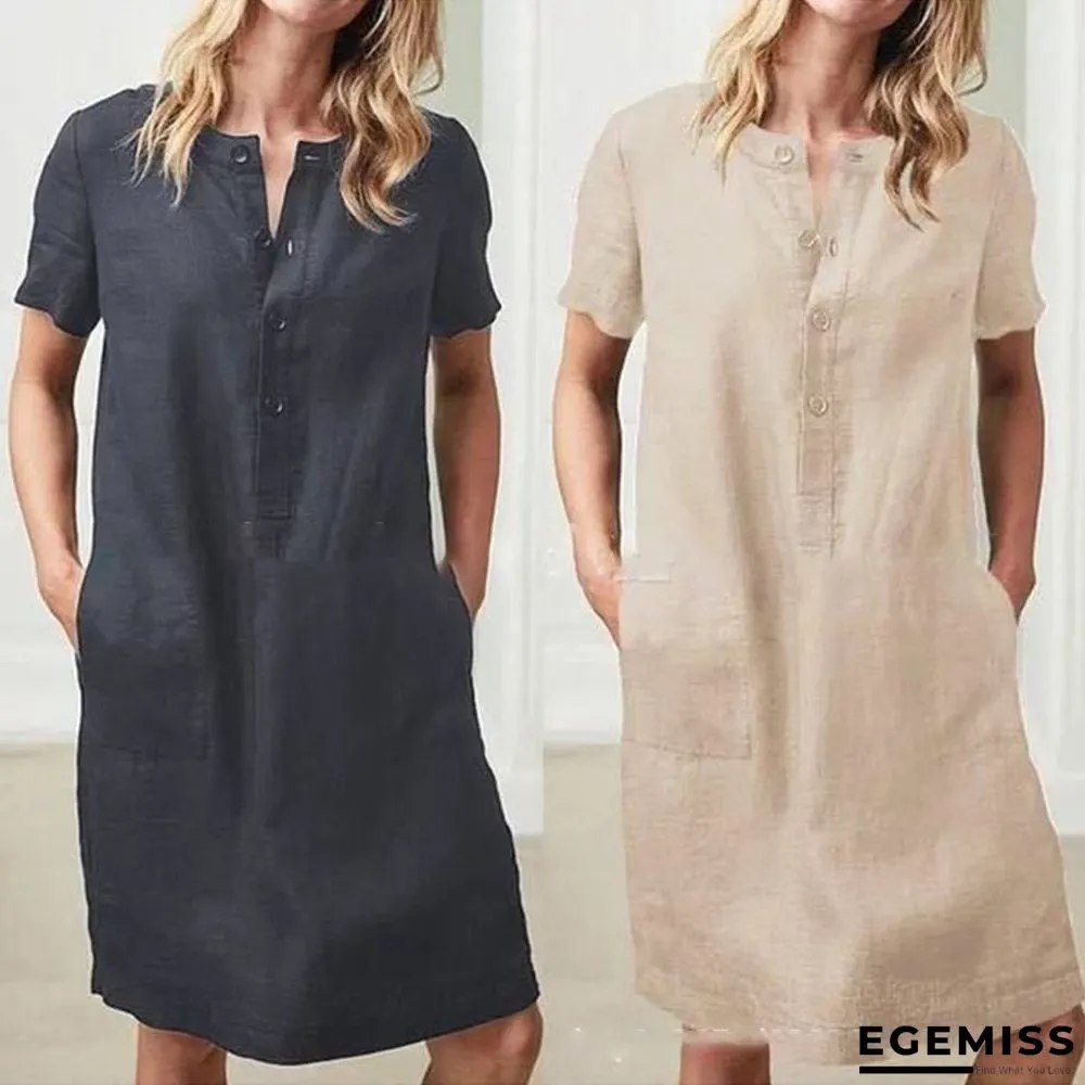 Cotton and Linen Loose Short Sleeve Midlength Dress | EGEMISS