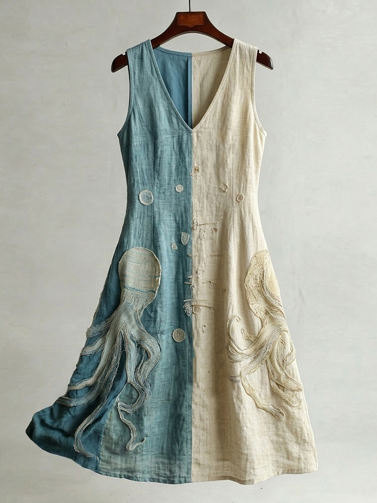 Women's Vintage Octopus Art Print Linen-blend Dress wearshes