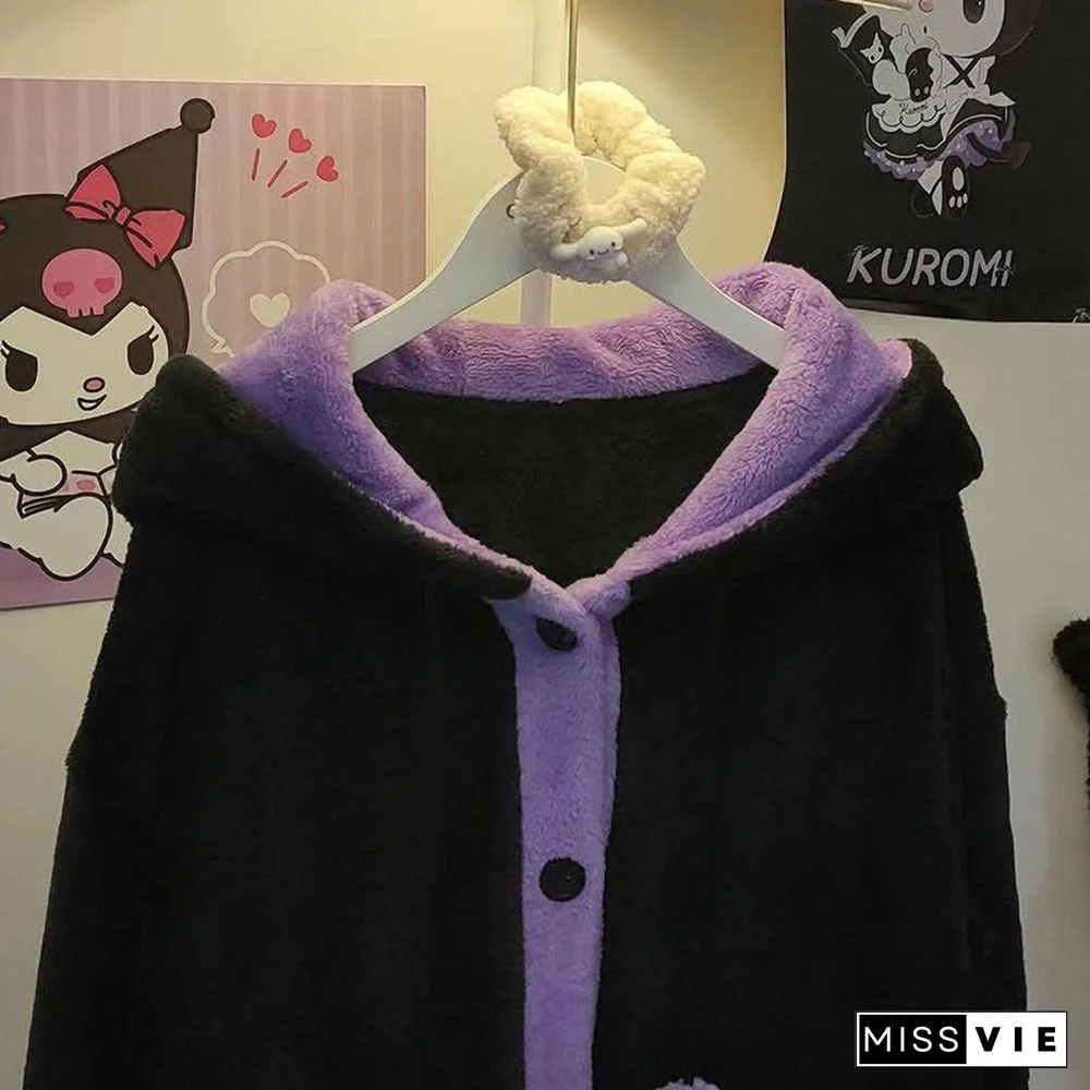 Cartoon Ghost Cat Plush Hooded Pajamas Set