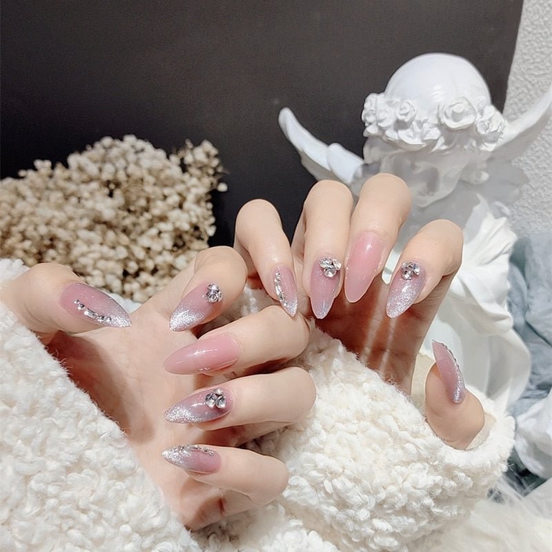 24PCS Glitter Fake Nails Long Pointed Head Rhinestone Decor Full Cover Women Fake Nail Wearable Finished Nail Patch with Glue