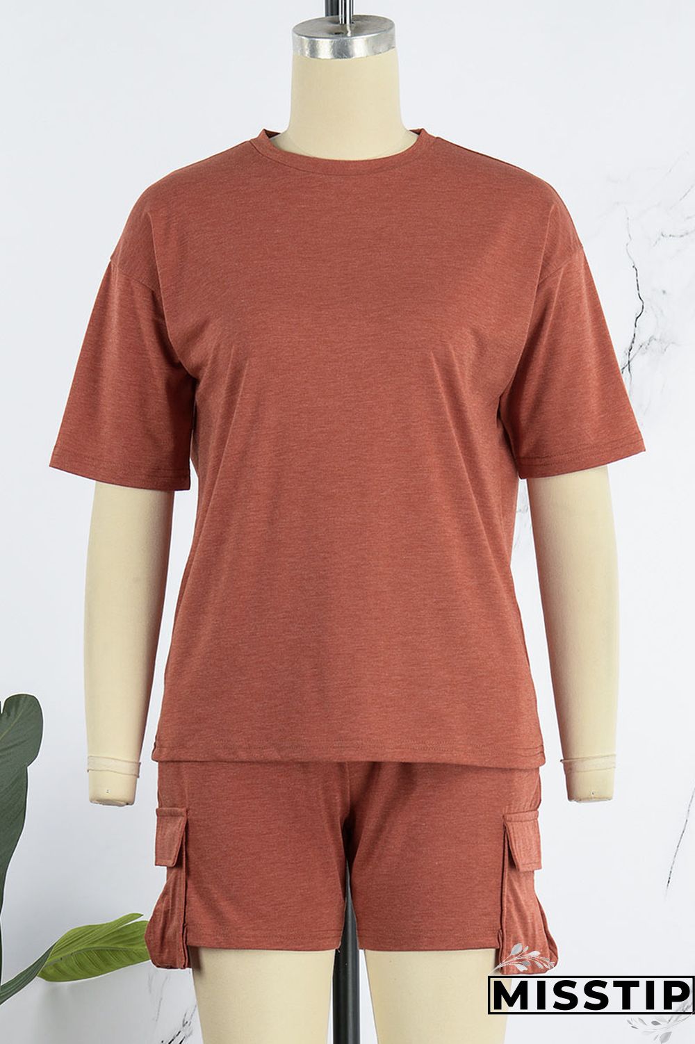 Orange Red Casual Solid Patchwork O Neck Short Sleeve Two Pieces