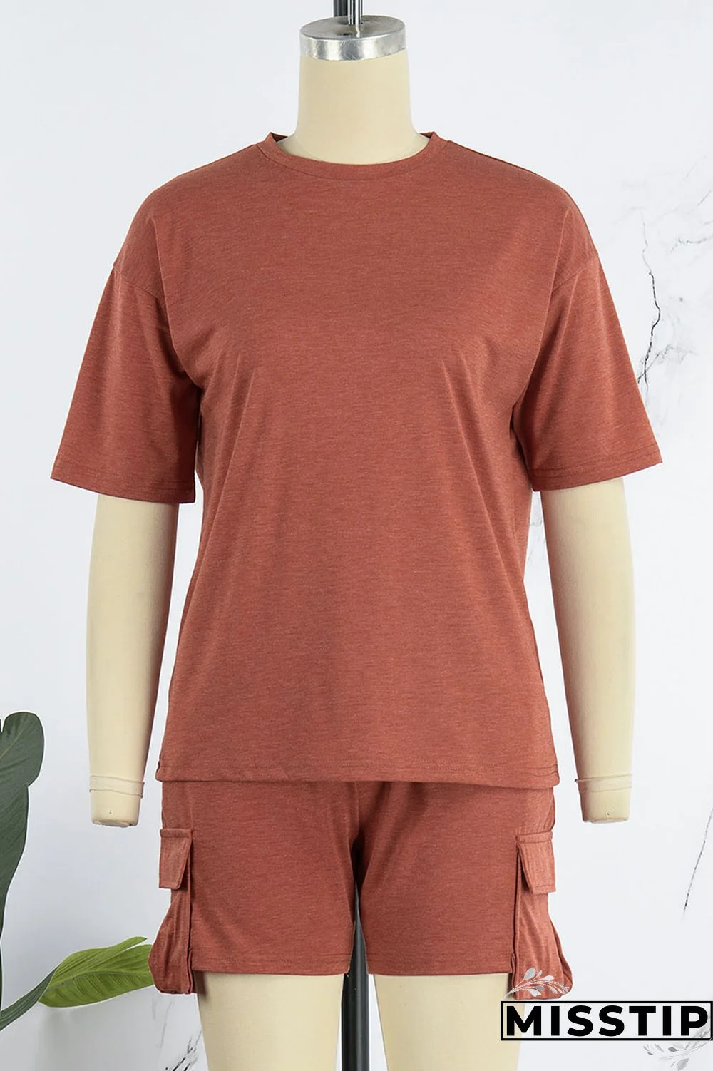 Orange Red Casual Solid Patchwork O Neck Short Sleeve Two Pieces