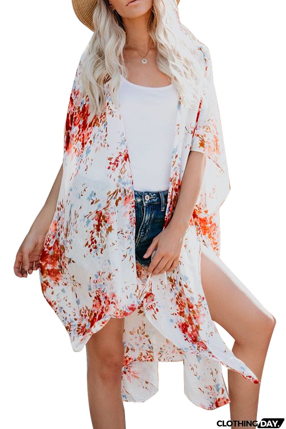 Floral Kimono Sleeves Chiffon Loose Beach Cover Up