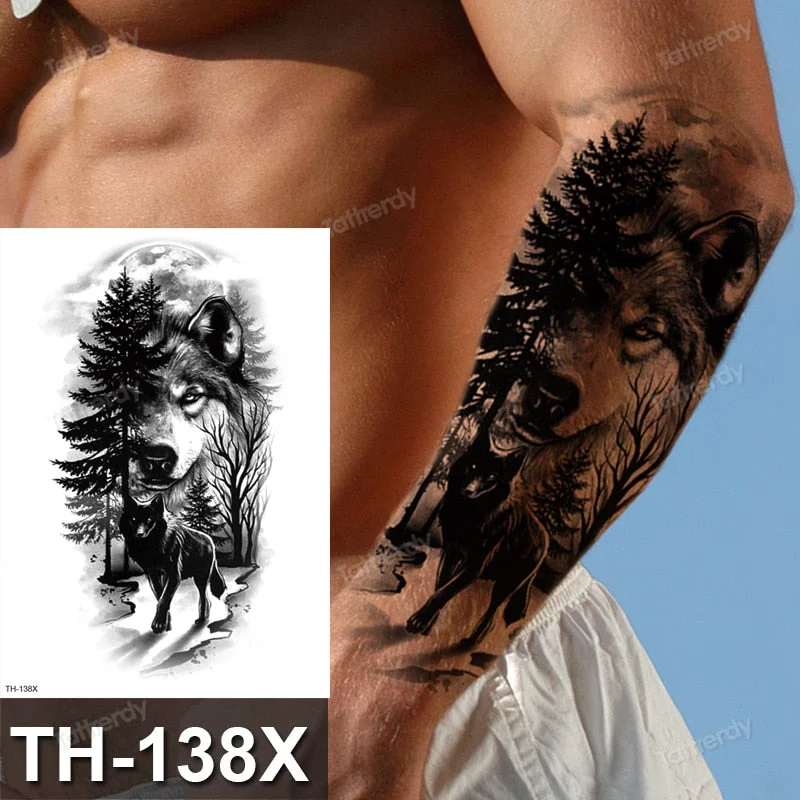 DIY Forest Design Waterproof Fake Temporary Tattoo Wolf Sexy Women Body Art Arm Tattoos Paper For Men Boys Girls Tatoo Large Big