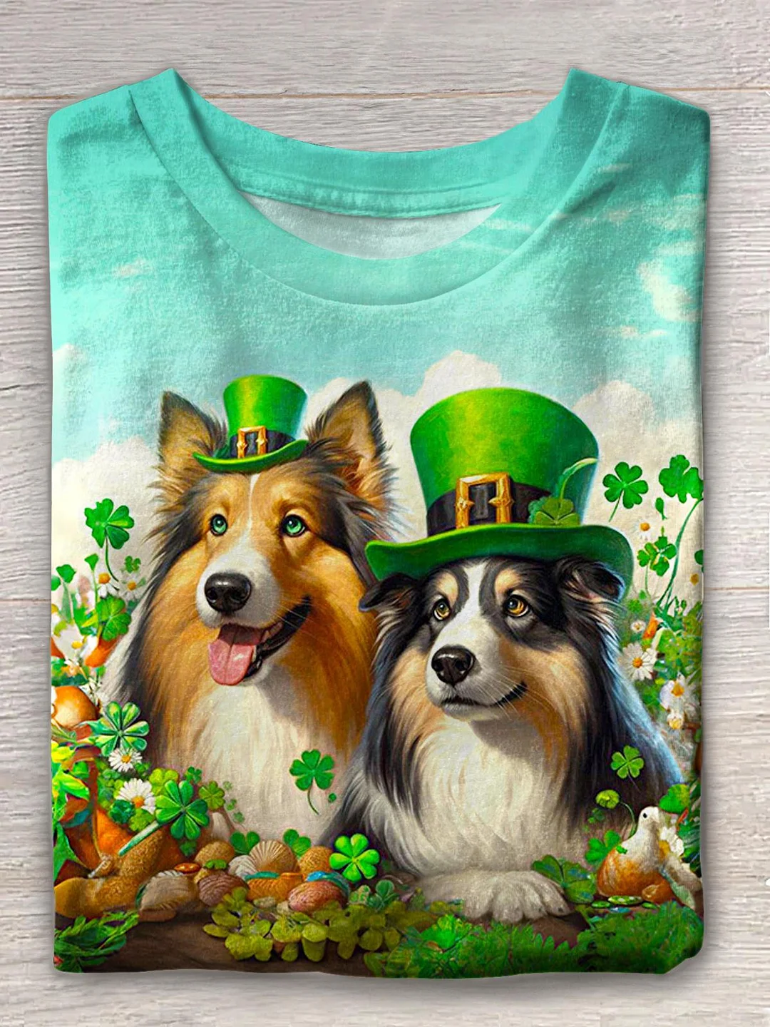 Vintage St. Patrick's Puppy Print Crew Neck T-shirt