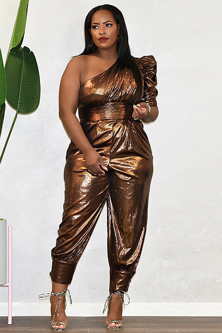 Sheen Metallic One Shoulder Puff Sleeve Party Tapered Jumpsuit
