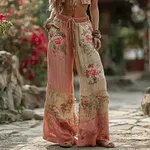 Women's Pink Rose Pattern Casual Linen Pants - Image 2