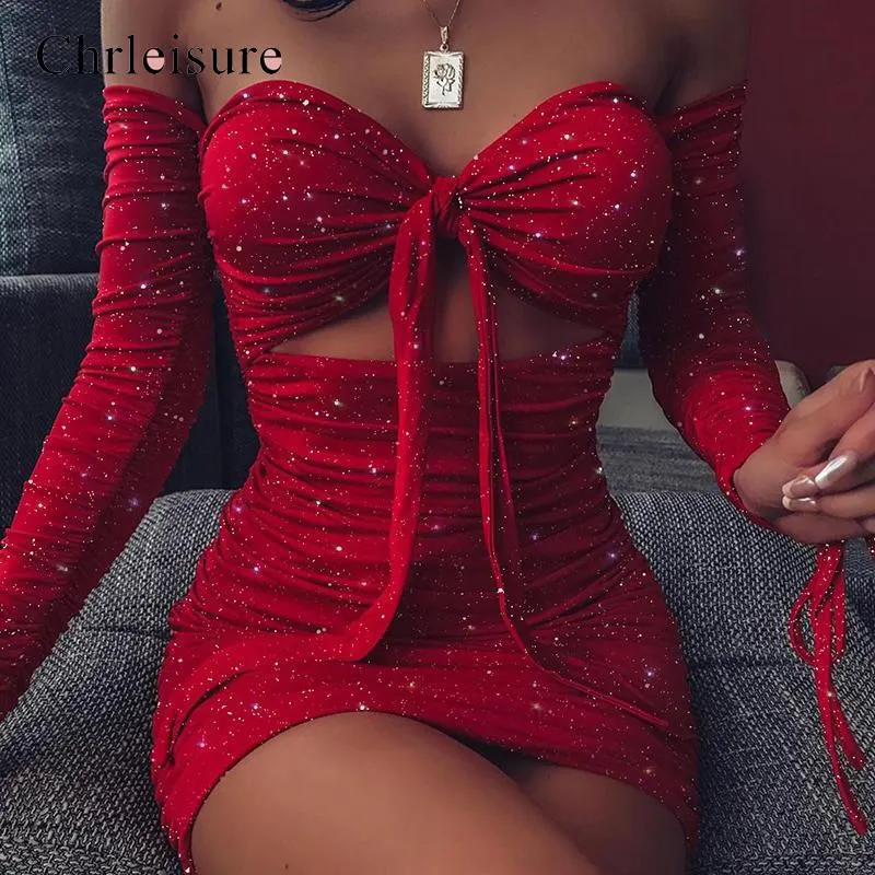 Sexy Shiny Hollow Out Sequins Dress 2020 Fashion Lace Women Dress Long Sleeve Wrinkles Off Shoulder Femme Dresses