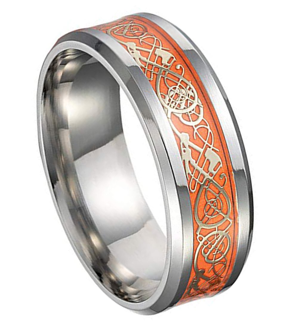 Silver Celtic Tungsten Wedding Bands Orange Resin Inlay Gold Celtic Knot Glowing Tungsten Rings For Women Men