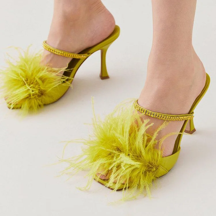 Elegant Chartreuse Square-Toe Faux Feather Rhinestone Mule Heels |FSJ Shoes