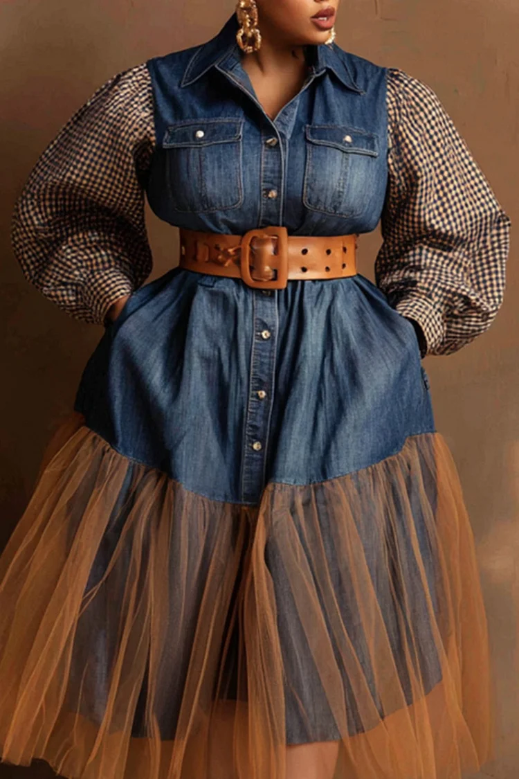 Xpluswear Design Plus Size Business Casual Blue Plaid Shirt Collar Lantern Sleeve Long Sleeve Pocket Casual Contrast Tulle Tencel Denim Midi Dresses [Pre-Order]