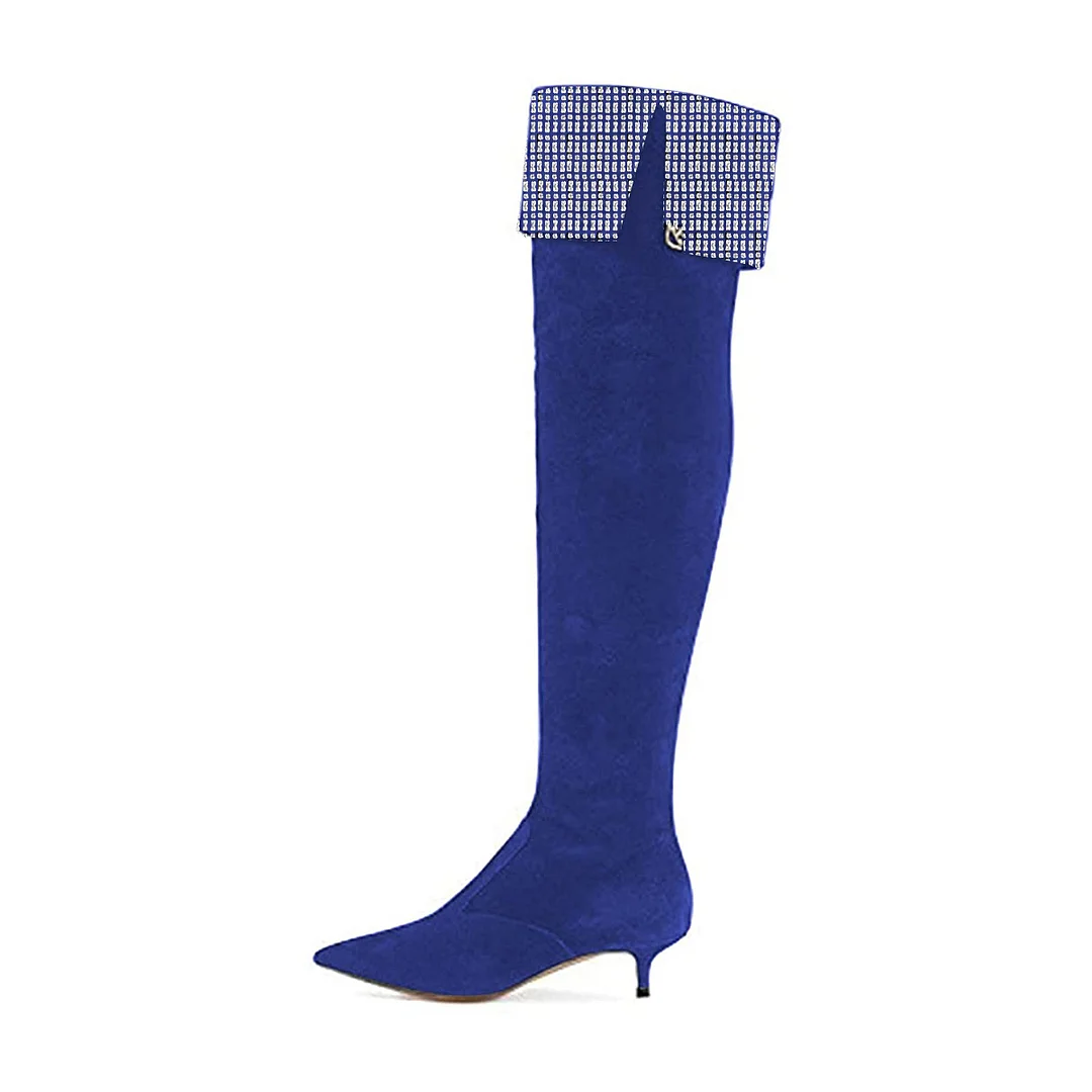 Faux Suede Over-The-Knee Rhinestone Embellished Boots in Royal Blue