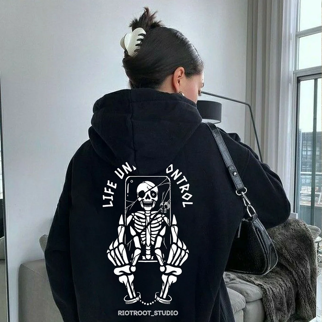 LIFE UNDER CONTROL Skull Bone Graphic  Black Print Hoodie
