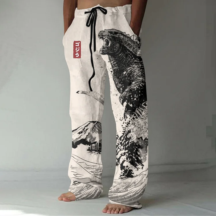 Waves & Godzilla Monsters Japanese Art Linen Blend Casual Pants