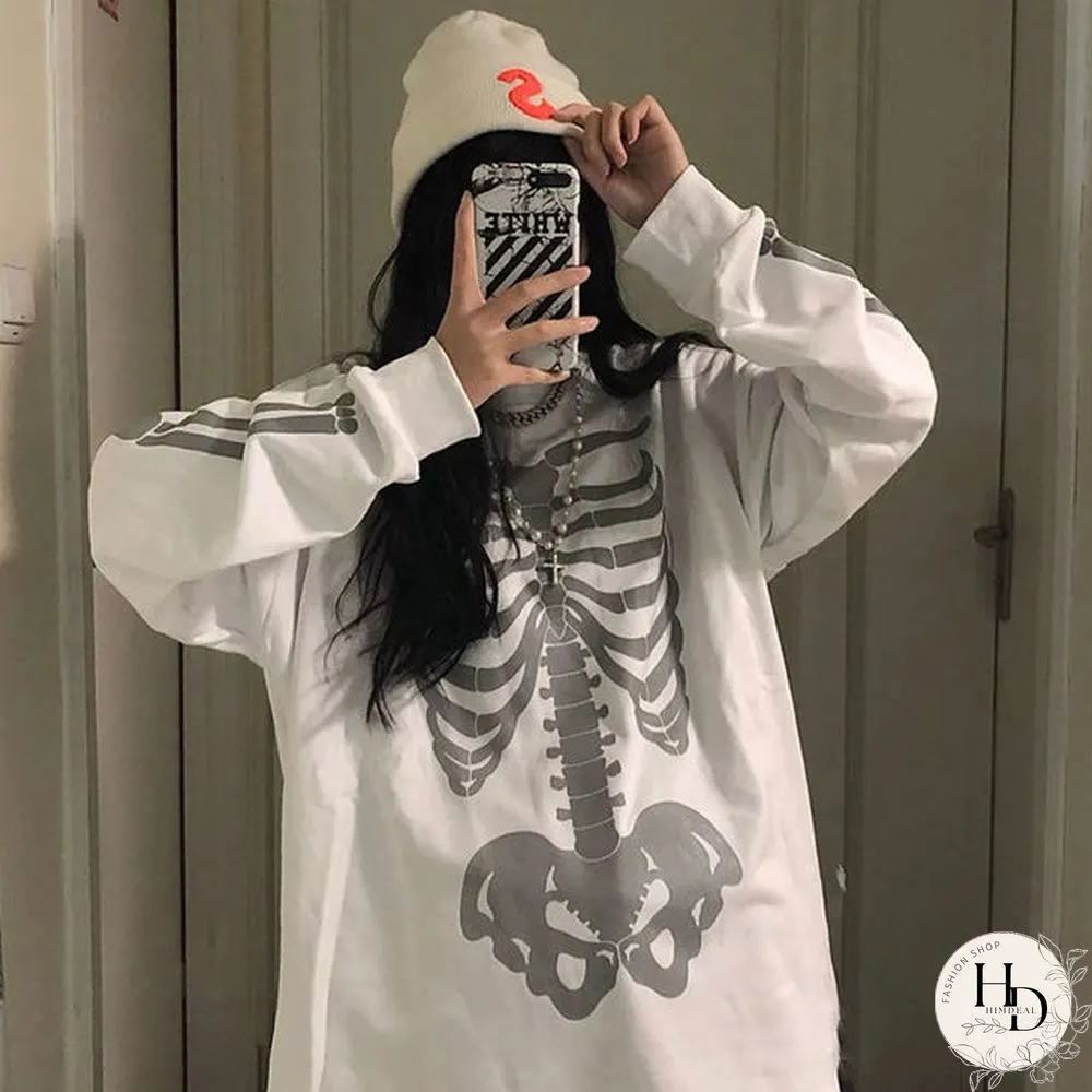 Skull Print Street Hip-Hop Couple Long-Sleeved T-Shirt Graphic Shirts Harajuku Y2K Tops