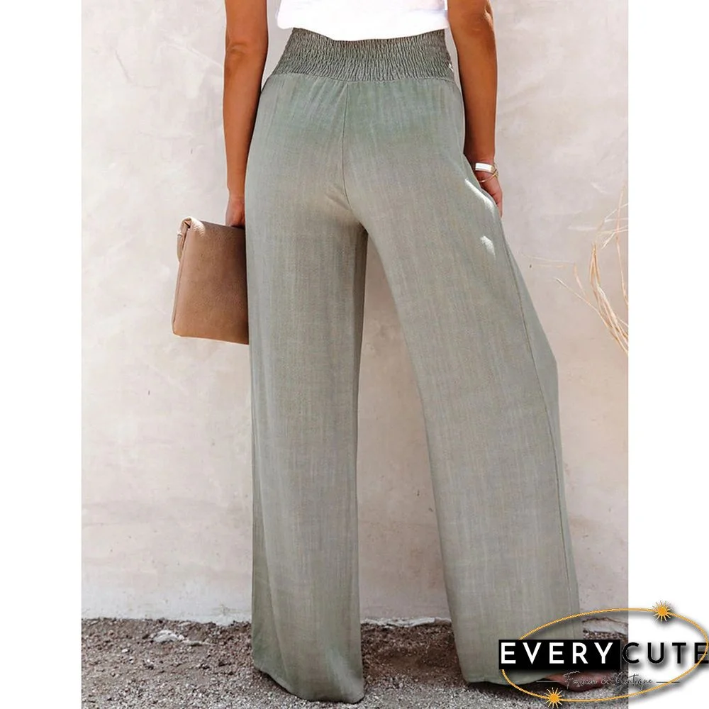 Greyish Green Elastic Waist Wide Leg Casual Pants