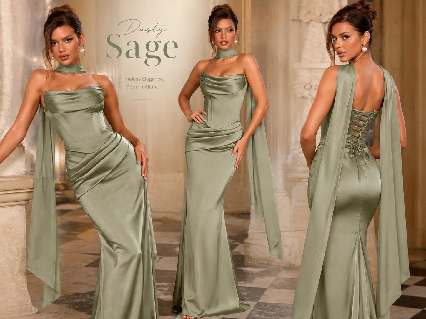 Azazie Sorrel Corset Lace-up Mermaid Wedding Guest Evening Luminous Satin Maxi Dress Minimalist