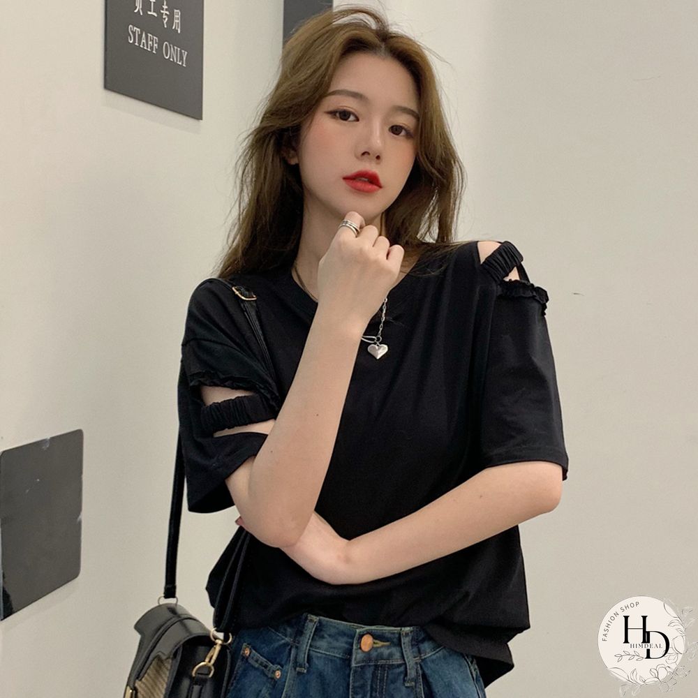 T-Shirts Women Sexy Ladies Tops Hole Harajuku Fashion Loose Summer Ins Korean Style Preppy Vintage Solid Elegant Chic Simple New
