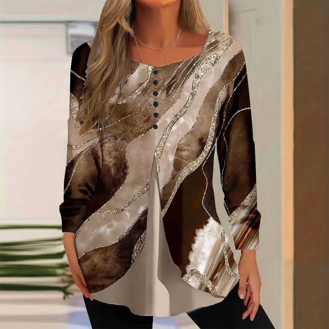Women Graphic,Brown DZGG8300 Long Sleeve Scoop Neck Printed Graphic Button Fake 2in1 Tops
