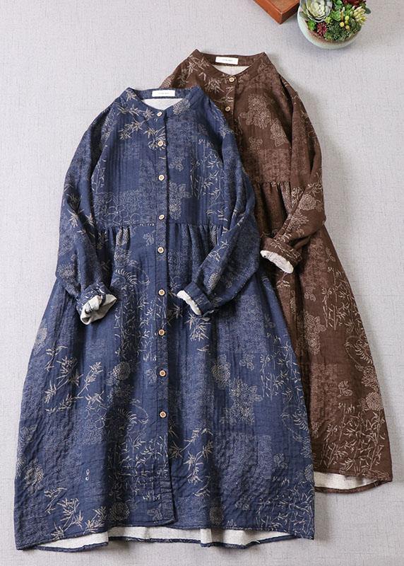 VCSHOES Blue Button Patchwork Pockets Fall Print Long sleeve Dress