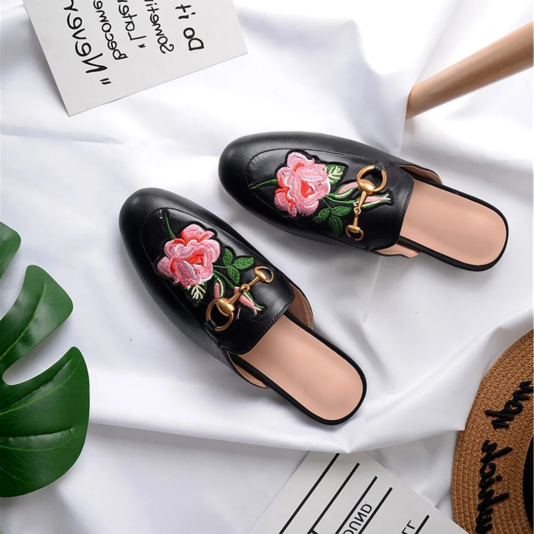 Black Rose Toe Flats with Metal Buckle Mules Shoes-vocosishoes
