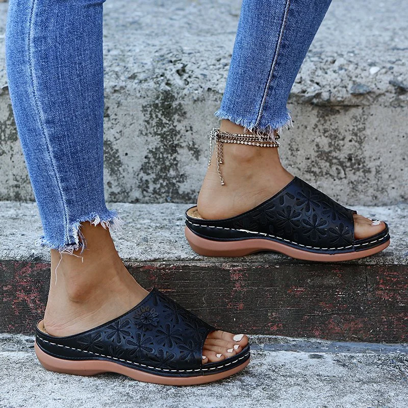 Qengg Summer Women Wedge Sandals Premium Orthopedic Open Toe Sandals Vintage Anti-slip Leather Casual Female Platform Retro Shoes