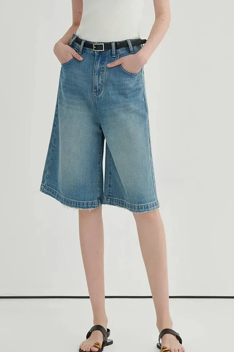 Light blue washed knee-length wide-leg jeans