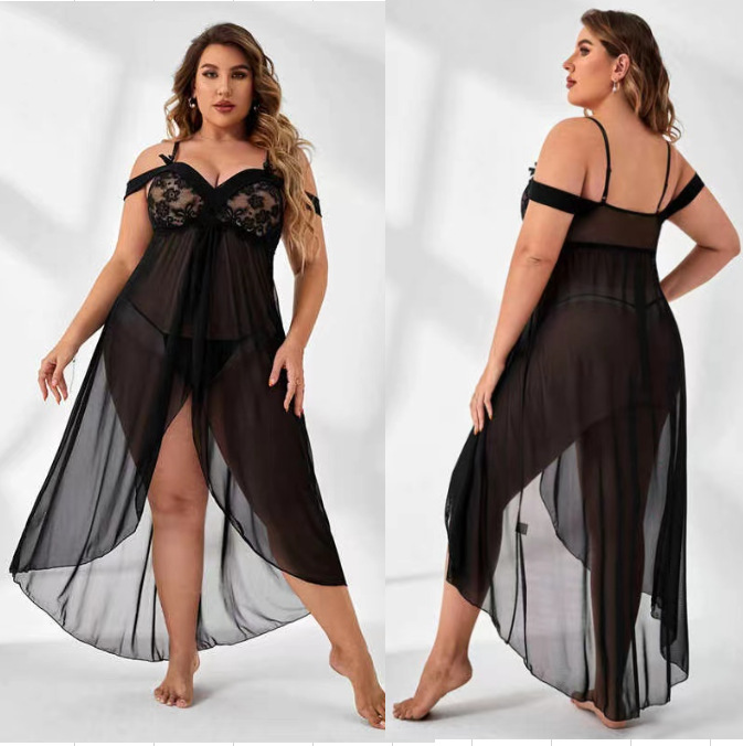 Lovingerie - See-through off-the-Shoulder Pajamas Suit Sexy Transparent Lace Long Dress