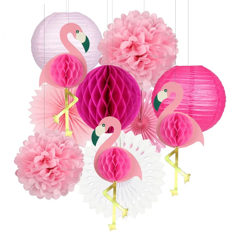 Back To School  Tropical Pink Flamingo Party Honeycomb Decoration Tissue Paper Fan Flowers Paper Lanterns for Hawaiian Summer Beach Luau Party