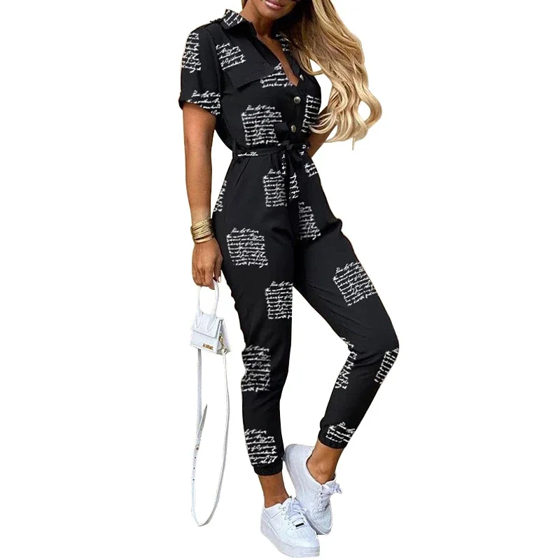 Women's Casual Lapel Printed Belt Tooling Jumpsuit Casual Suit