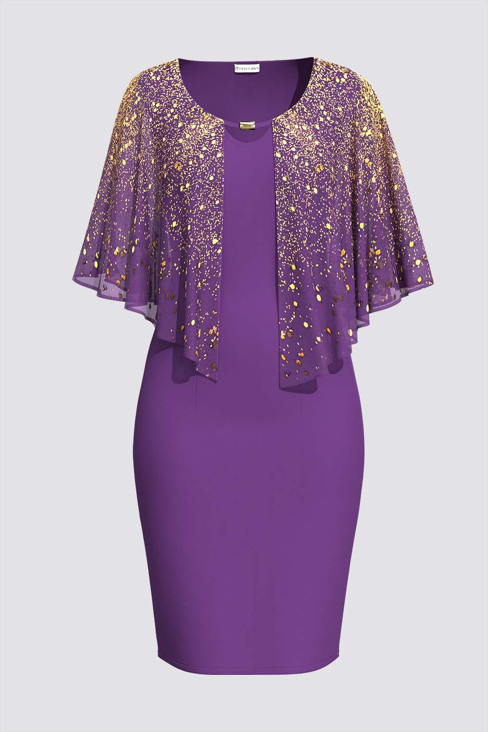 Flycurvy Plus Size Formal Purple Cape Sleeve Glitter Bodycon Midi Dress 2024 - Flycurvy 