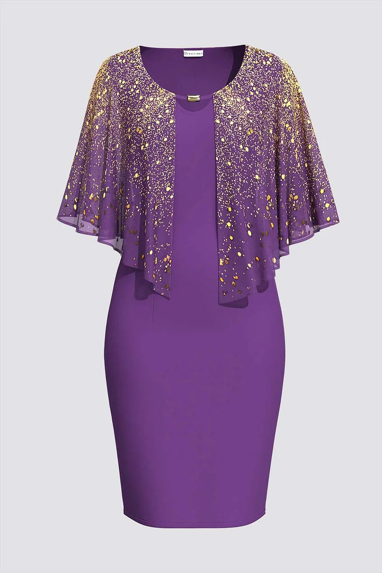 Flycurvy Plus Size Formal Purple Cape Sleeve Glitter Bodycon Midi Dress  Flycurvy [product_label]
