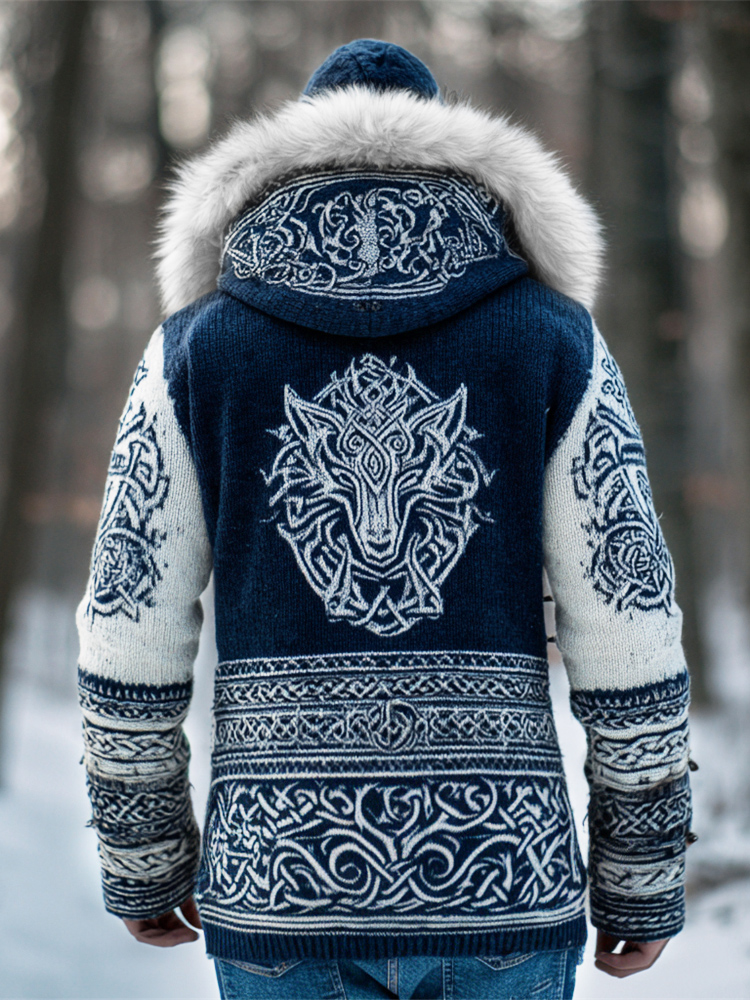 Viking Celtic Giant Wolf Head Pattern Men's Hooded Sweater elevenforest