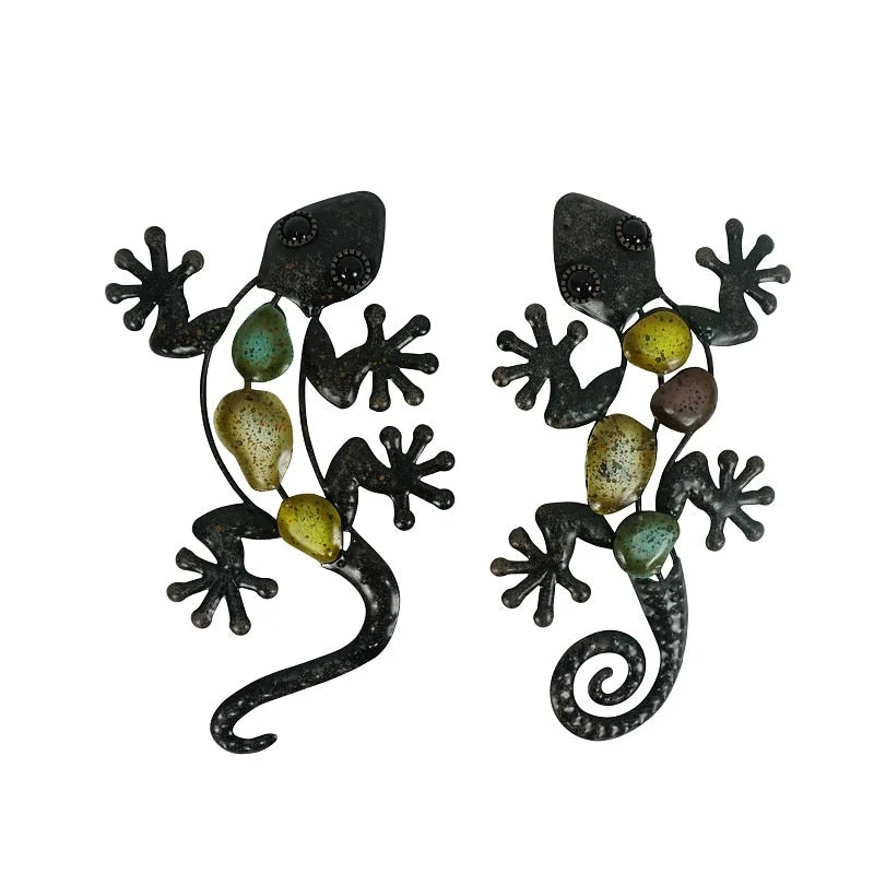 Christmas Gift 2pcs Small Metal Gecko Wall for Home and Garden Decoration Outdoor Statues Accessories Sculptures Animal Brother