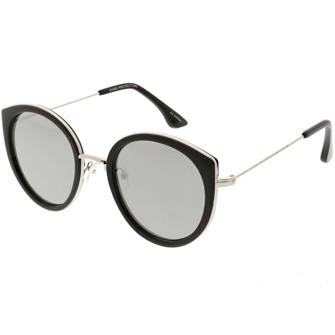 Modern Cat Eye glasses Metal Trim Round Colored Mirror Flat Lens 53mm