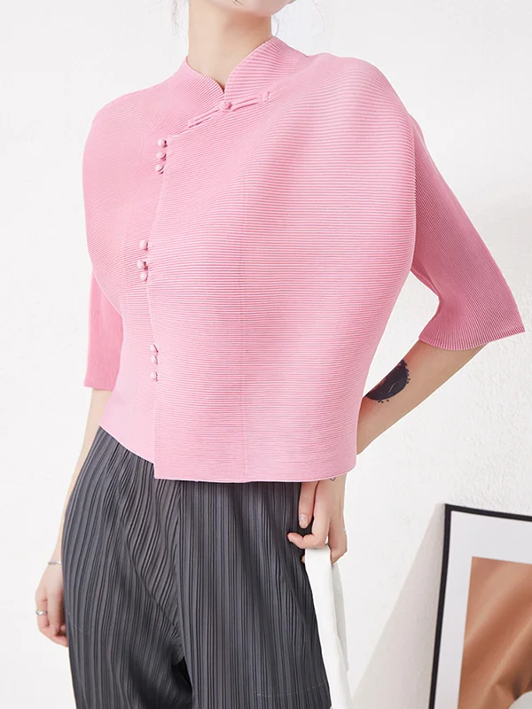 Vintage Loose Half Sleeves Buttoned Asymmetric Solid Color Stand Collar Blouses&Shirts Tops