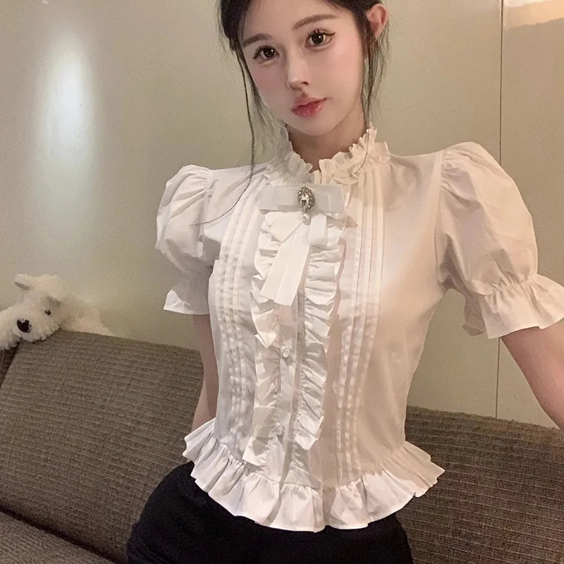 White Elegant Shirt Women Summer Sweet Cute Puff Sleeve Crop Top Korean Ruffles Chic Slim Vintage Office Ladies Blouse New Aiertu