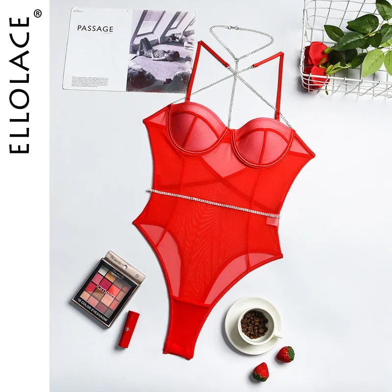 Ellolace Rhinestone Sexy Lingerie Bodysuit Women Lace Sleeveless Bodies Underwire Push up Bodycon High Cut Body Backless Top