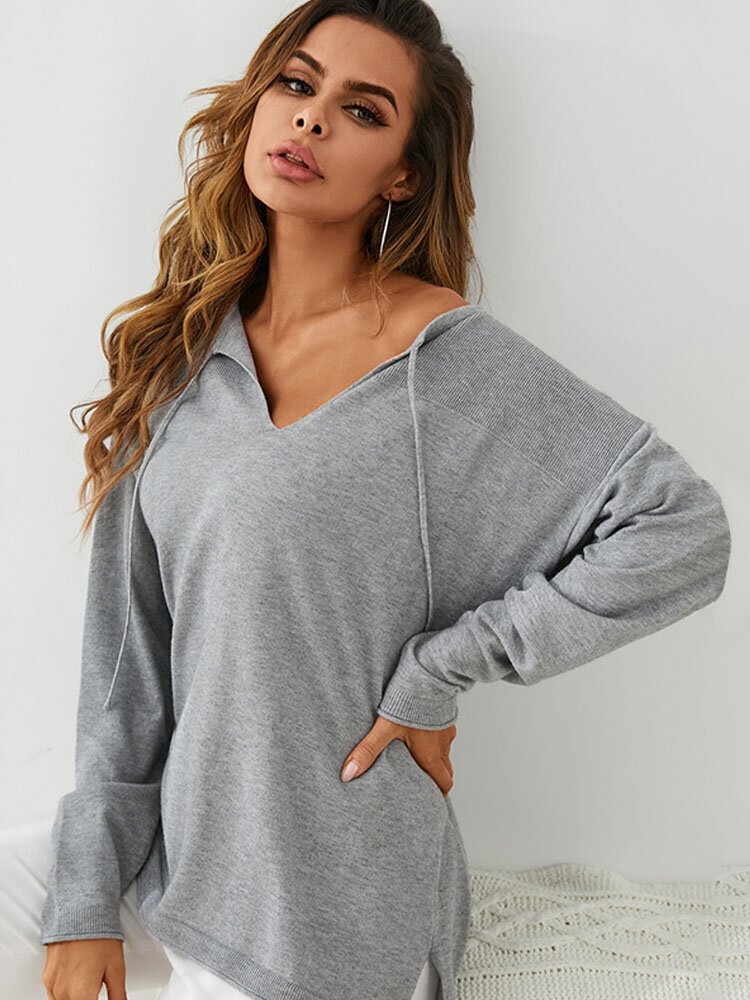 Solid Tie Front V-neck Long Sleeve Casual Sweatshirt - Life is Beautiful for You - SheChoic