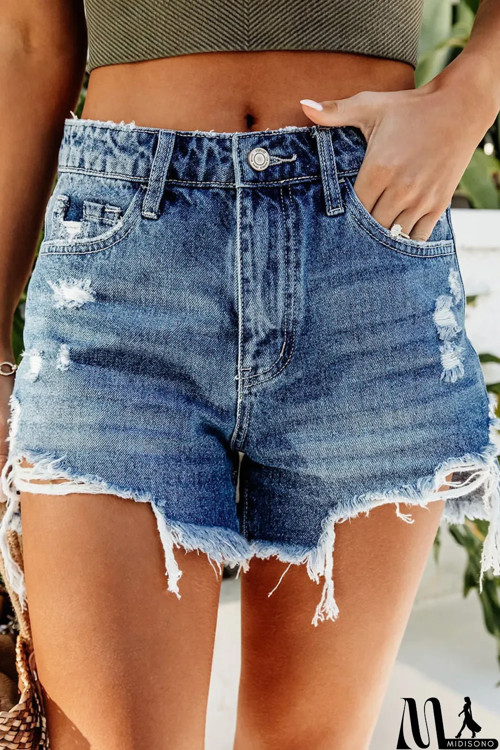 MidiSono - Sky Blue Distressed Raw Edge Jean Shorts