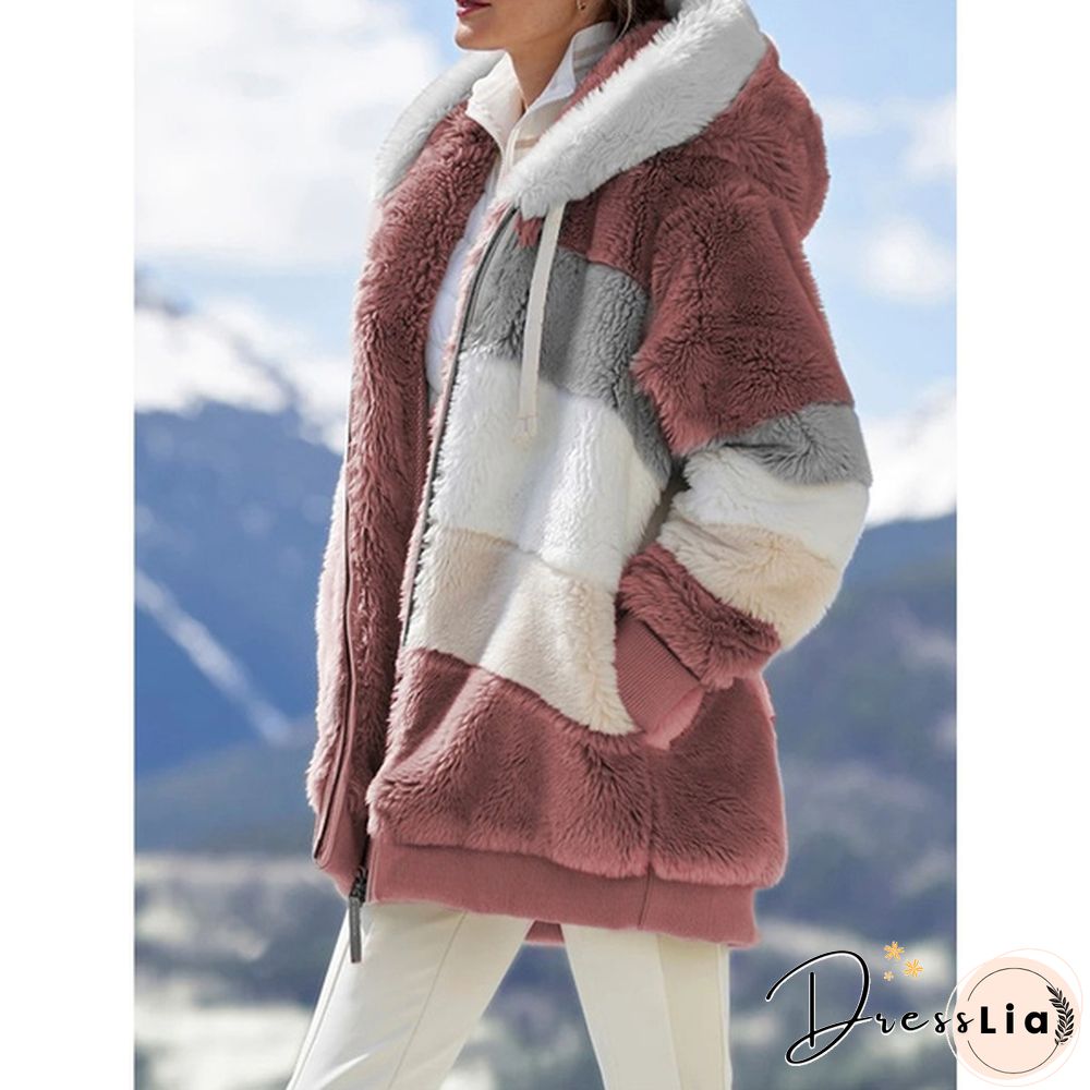 New Trend Women's Fashion Jacket Hooded Winter Warm Plush Loose Jacket for Women Patchwork Winter Outerwear Faux Fur Zipper Ladies Parka Coat Plus Size 6 Colors