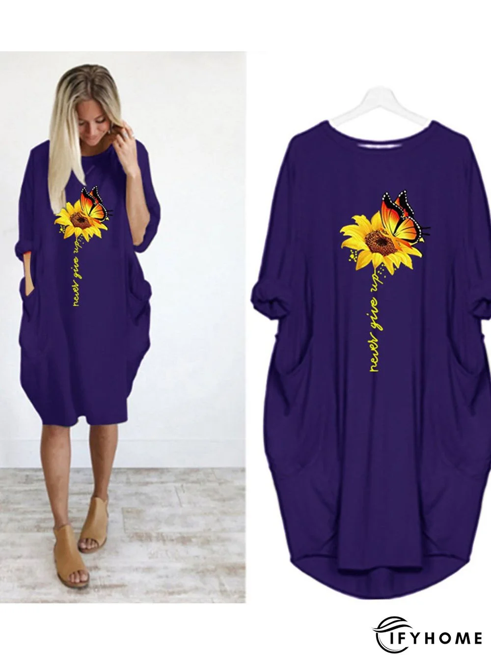 Casual Plus Size Round Neck 3/4 Sleeve Midi Knitting Dress | IFYHOME