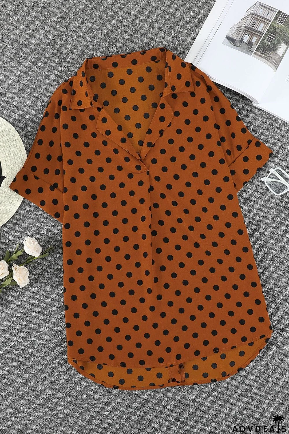 Dotted Print V Neck Drape Front Blouse