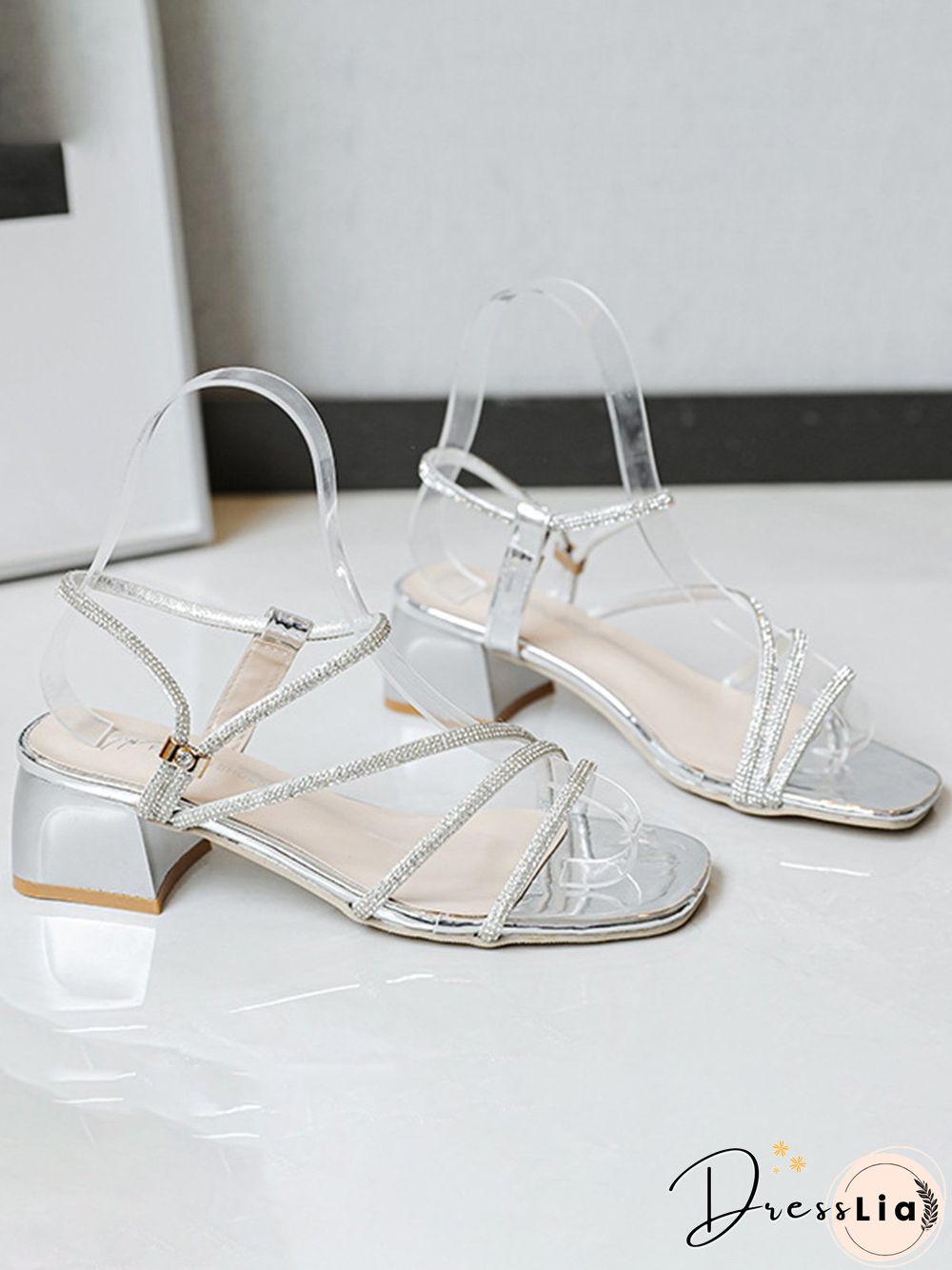 Rhinestone Thin Strap Chunky Heel Sandals